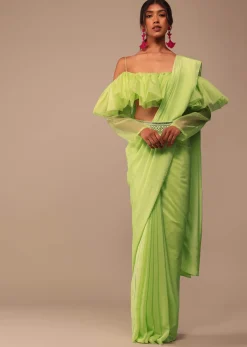 Fern Green Crepe Saree With Organza Frilled Blouse