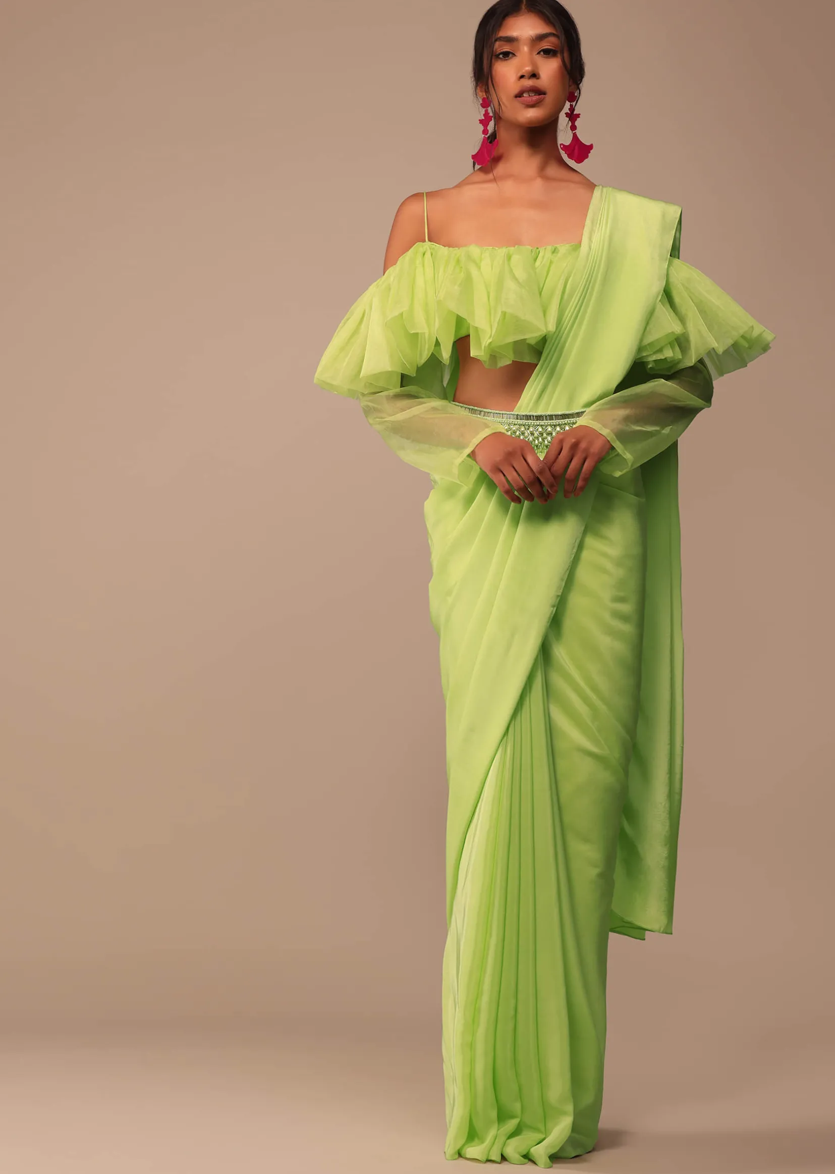 Fern Green Crepe Saree With Organza Frilled Blouse