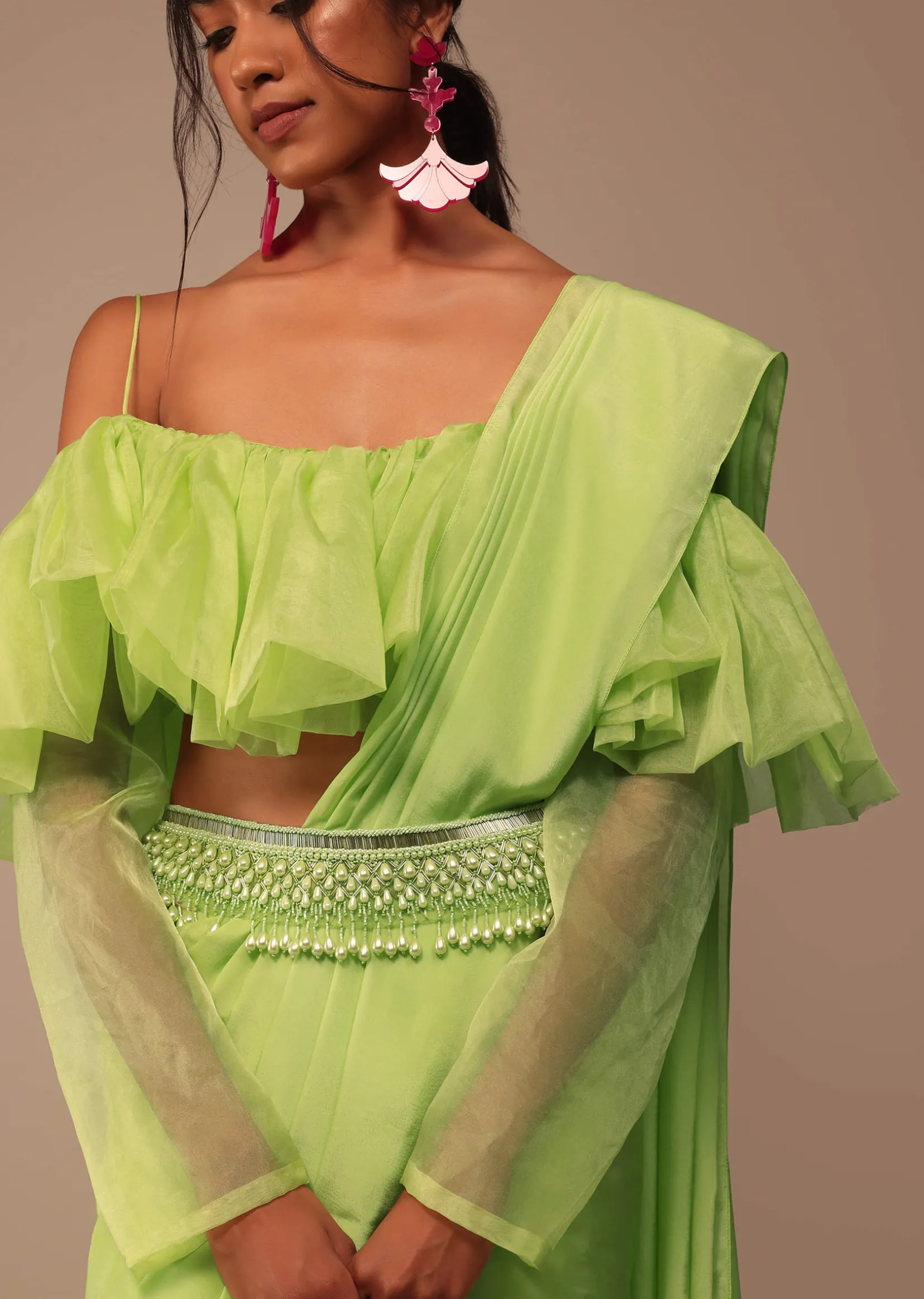 Fern Green Crepe Saree With Organza Frilled Blouse
