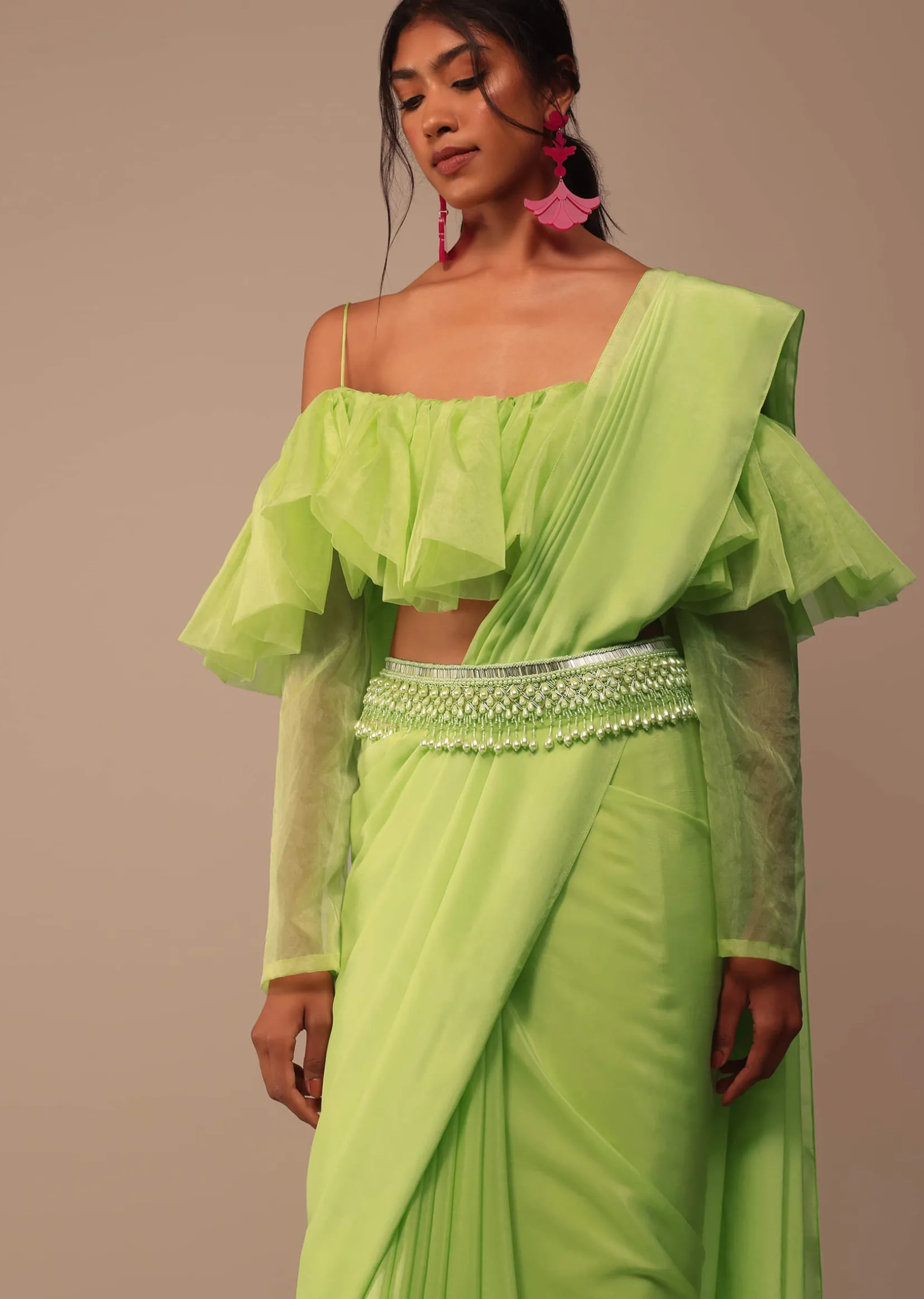 Fern Green Crepe Saree With Organza Frilled Blouse