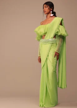 Fern Green Crepe Saree With Organza Frilled Blouse
