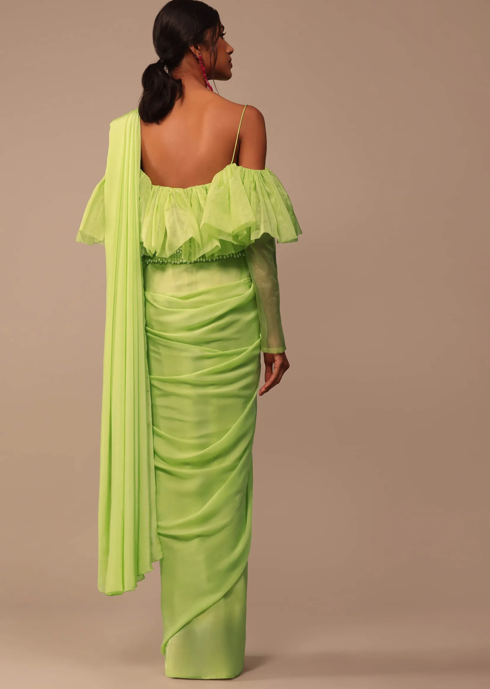 Fern Green Crepe Saree With Organza Frilled Blouse