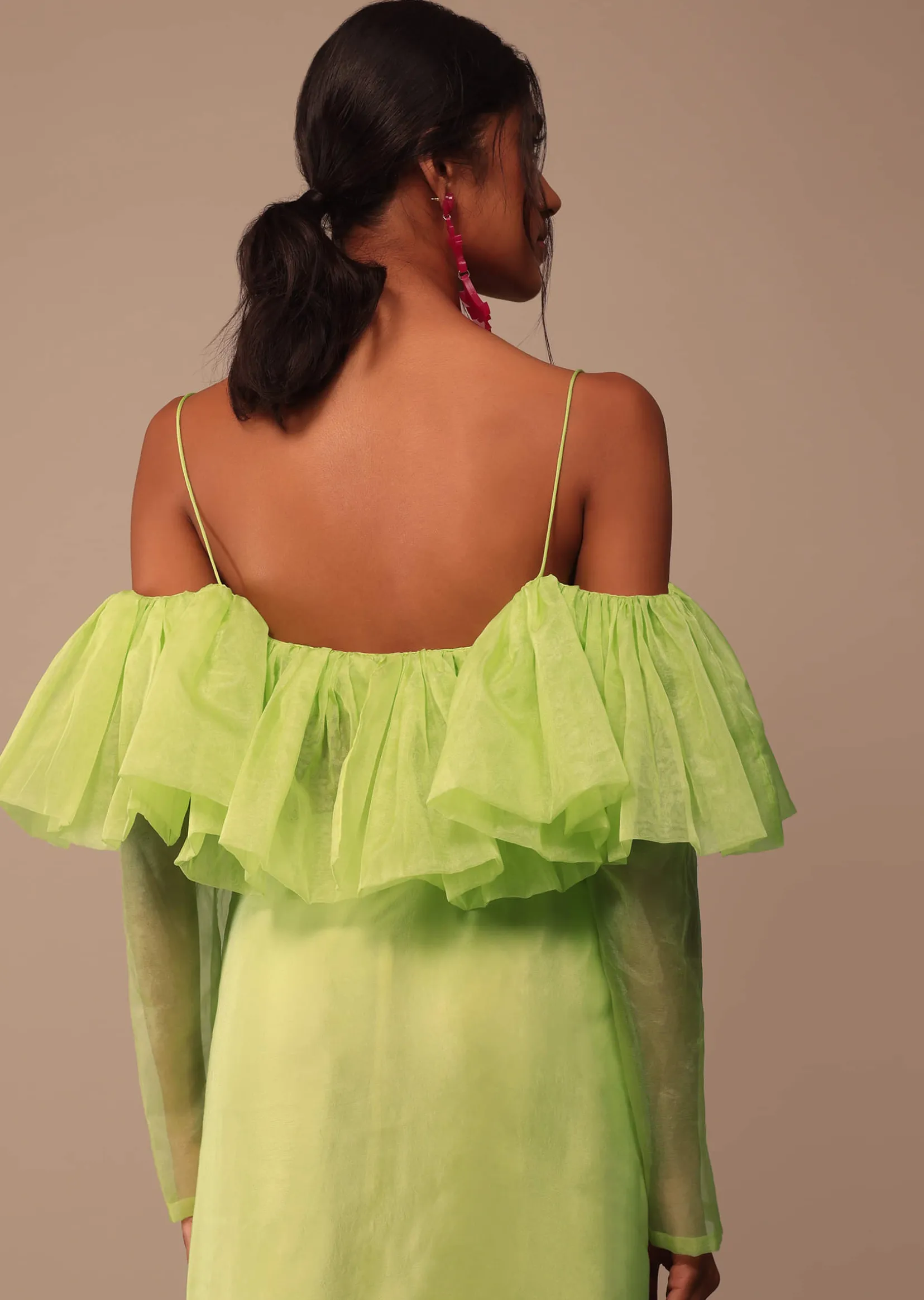 Fern Green Crepe Saree With Organza Frilled Blouse
