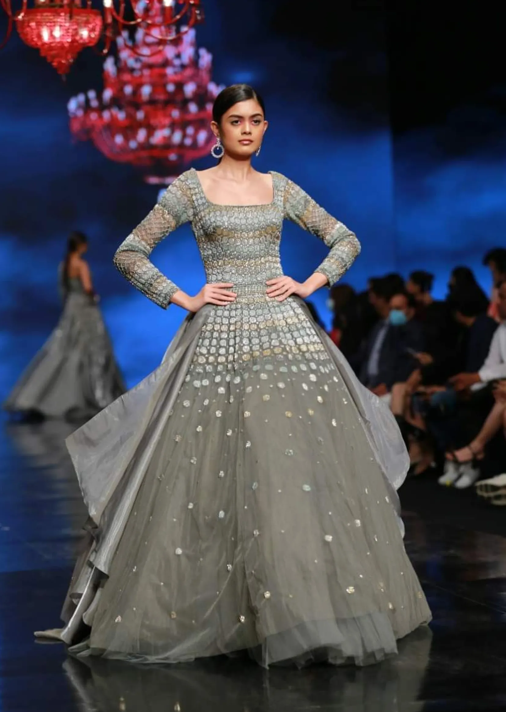 Fern Green Gown In Net With Geometric Hand Embroidery And Organza Drapes On The Sides