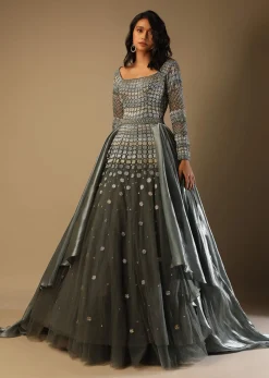 Fern Green Gown In Net With Geometric Hand Embroidery And Organza Drapes On The Sides