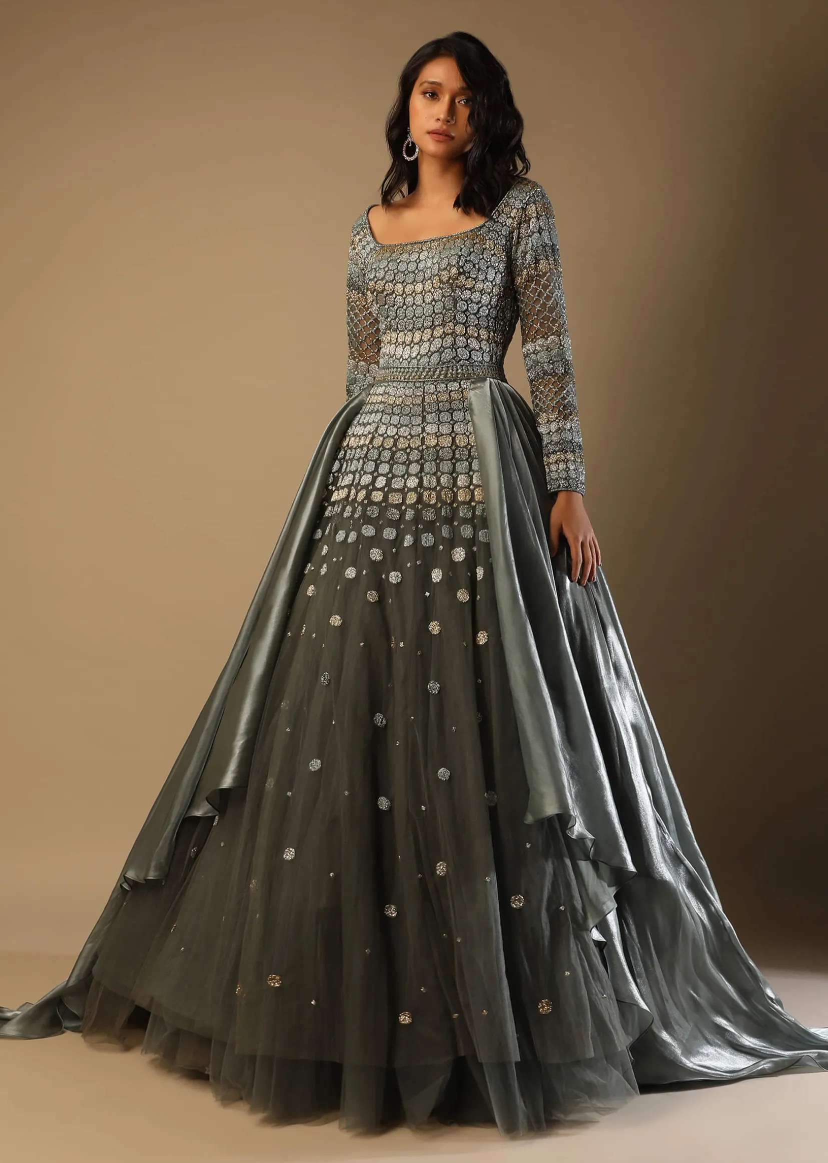 Fern Green Gown In Net With Geometric Hand Embroidery And Organza Drapes On The Sides