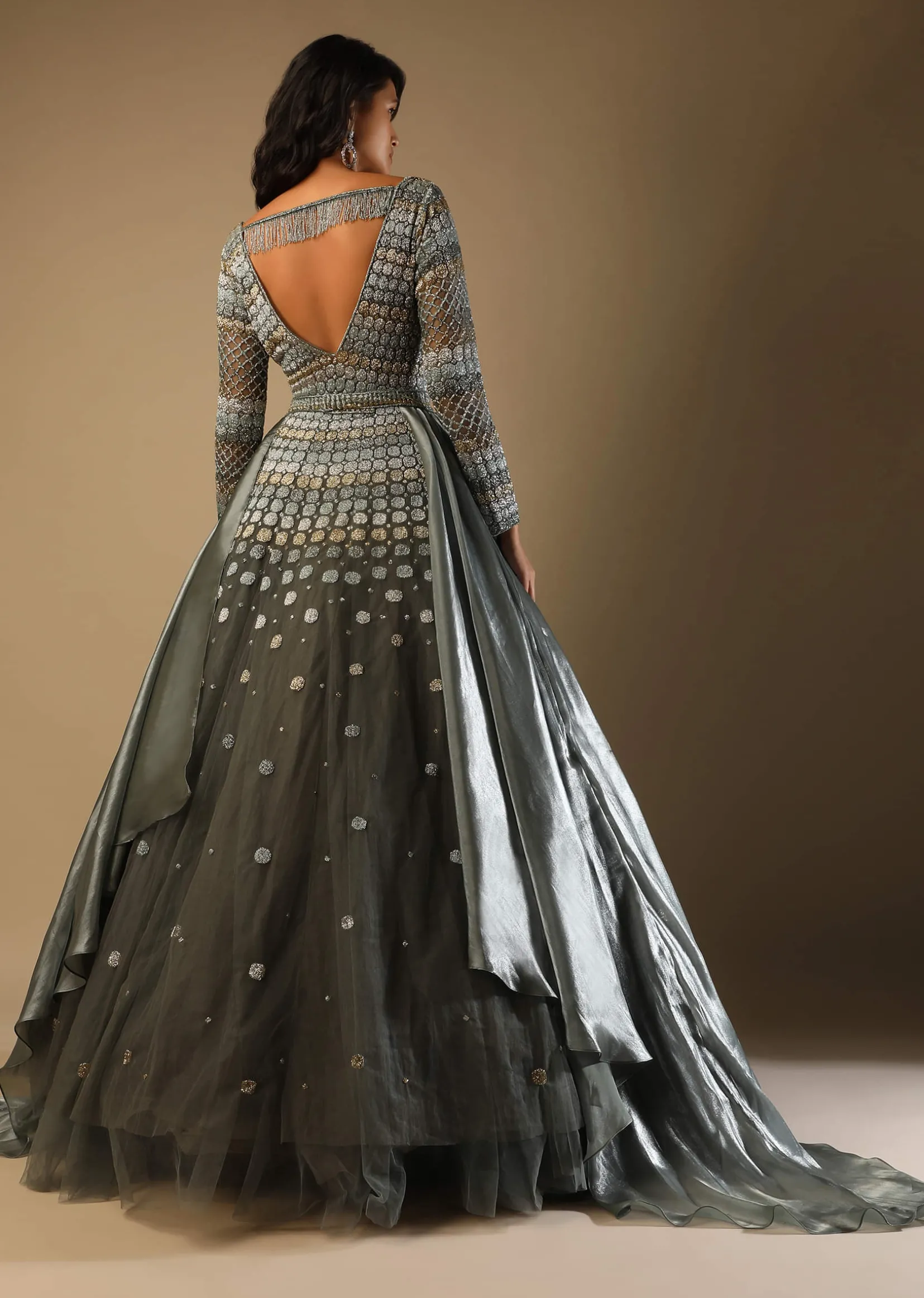 Fern Green Gown In Net With Geometric Hand Embroidery And Organza Drapes On The Sides