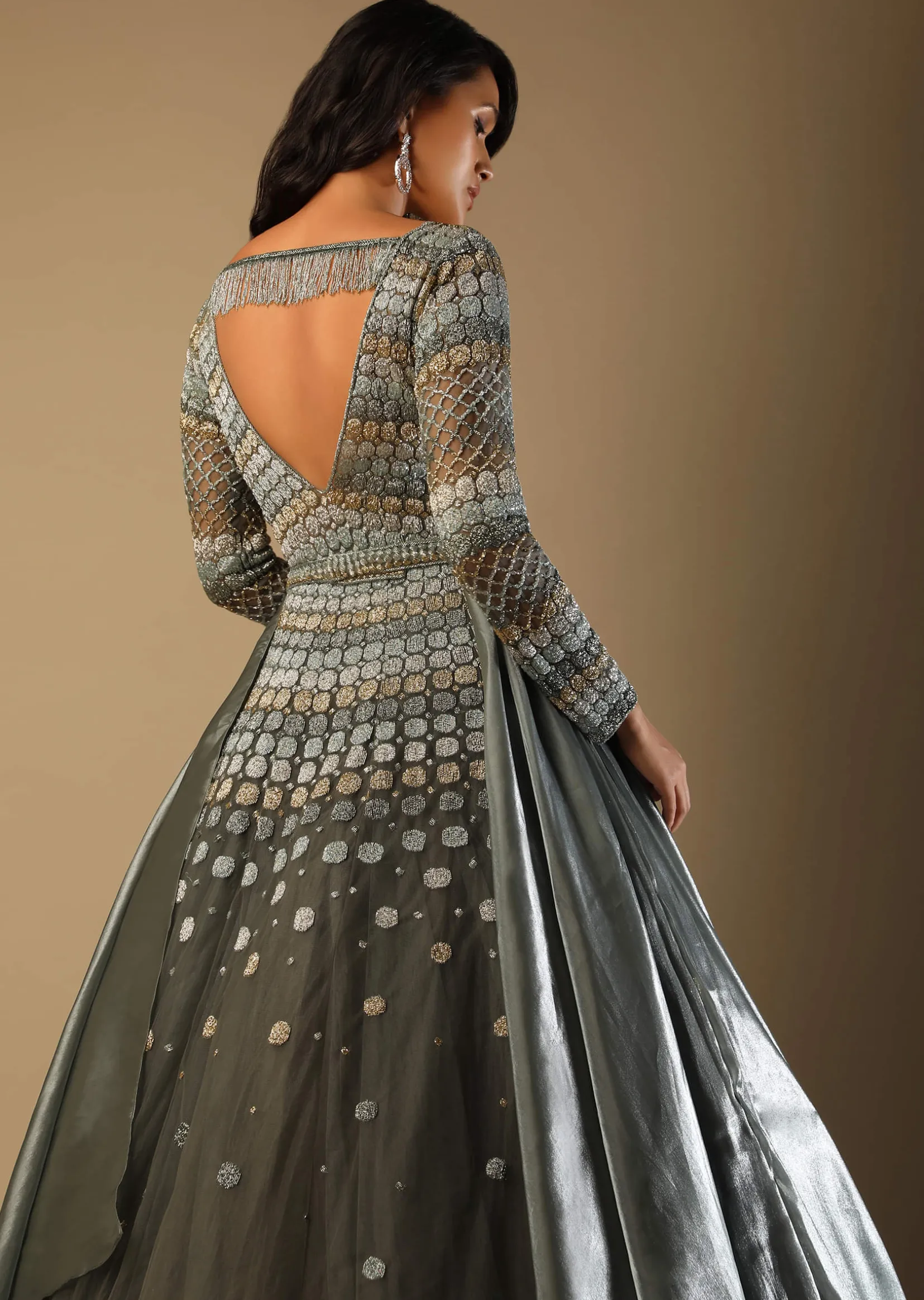 Fern Green Gown In Net With Geometric Hand Embroidery And Organza Drapes On The Sides