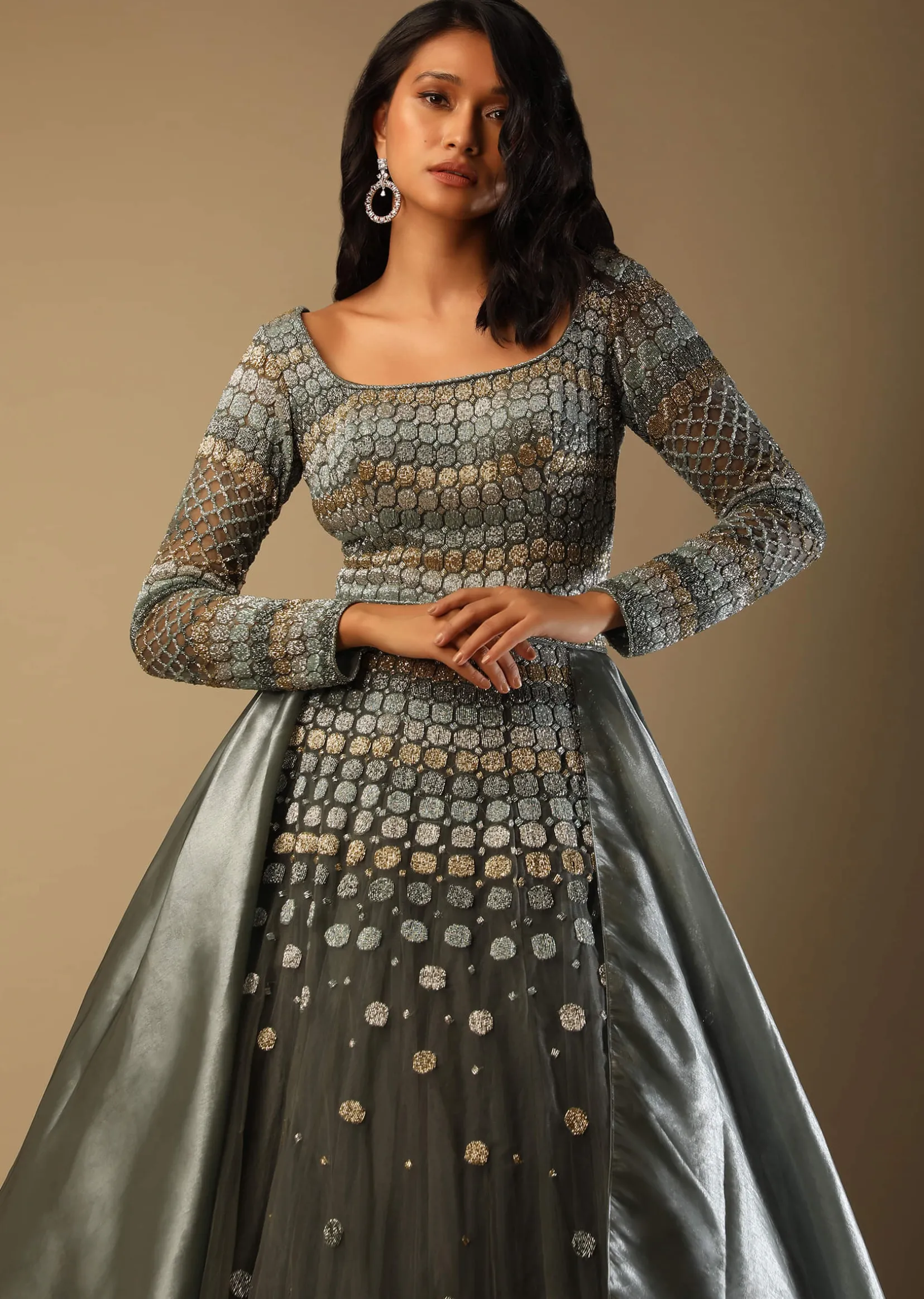 Fern Green Gown In Net With Geometric Hand Embroidery And Organza Drapes On The Sides