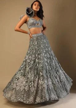 Fern Green Lehenga Choli In Net With Stone Hand Embroidered Floral Motifs And Fancy Origami Cones On The Shoulder