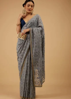 Festive Fog Grey Saree Kashmiri Floral Embroidered In Georgette