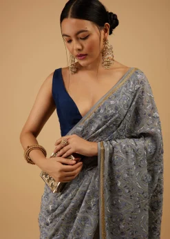 Festive Fog Grey Saree Kashmiri Floral Embroidered In Georgette