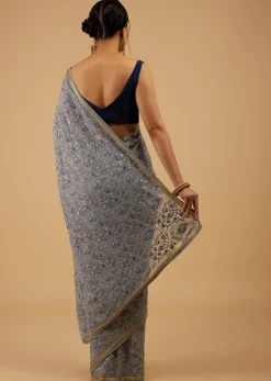 Festive Fog Grey Saree Kashmiri Floral Embroidered In Georgette