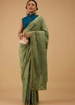 Festive Pista Green Saree Kashmiri Embroidered In Georgette
