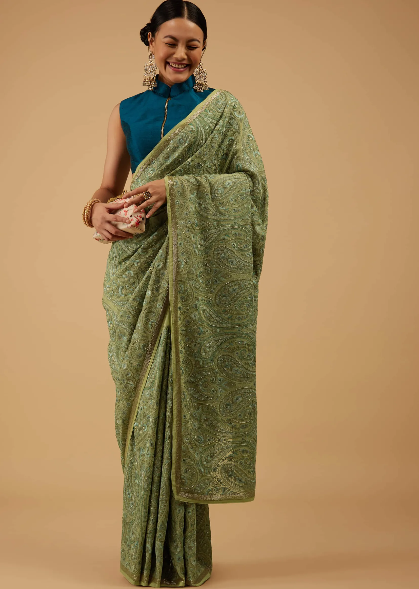Festive Pista Green Saree Kashmiri Embroidered In Georgette