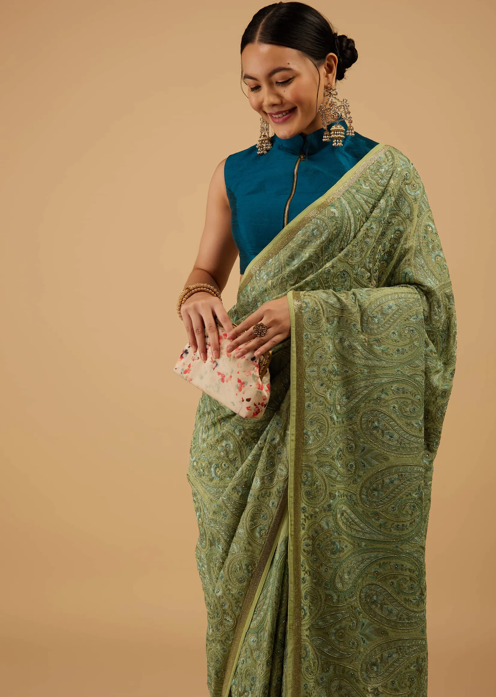 Festive Pista Green Saree Kashmiri Embroidered In Georgette