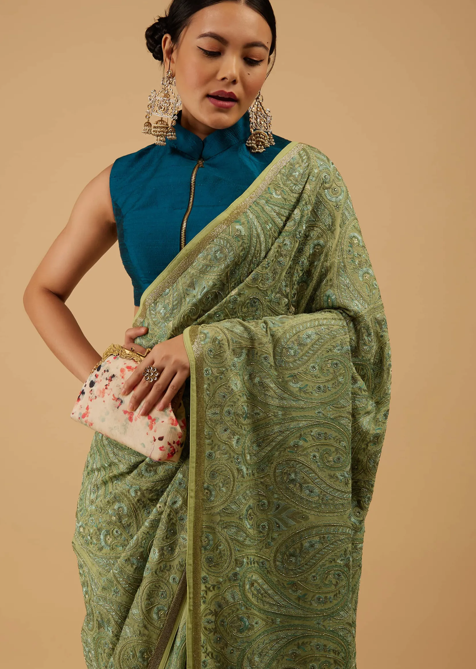 Festive Pista Green Saree Kashmiri Embroidered In Georgette