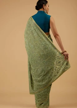 Festive Pista Green Saree Kashmiri Embroidered In Georgette