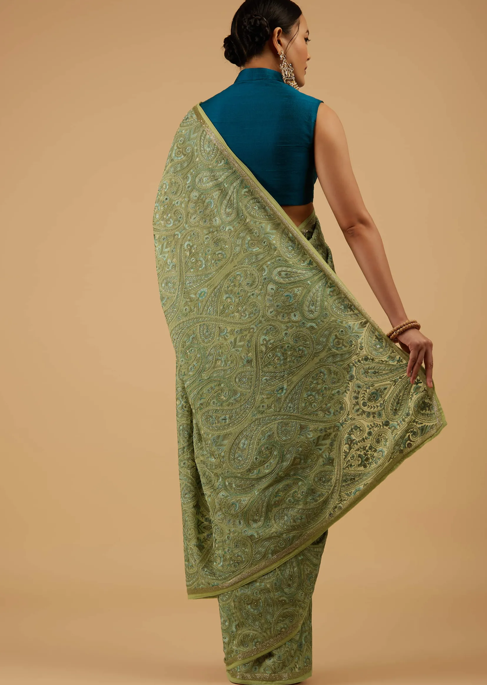 Festive Pista Green Saree Kashmiri Embroidered In Georgette