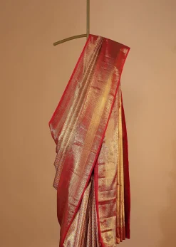 Fiery Red Gold-Toned Kanjivaram Saree In Tissue Silk With 14GM Real Zari Weave And Unstitched Blouse