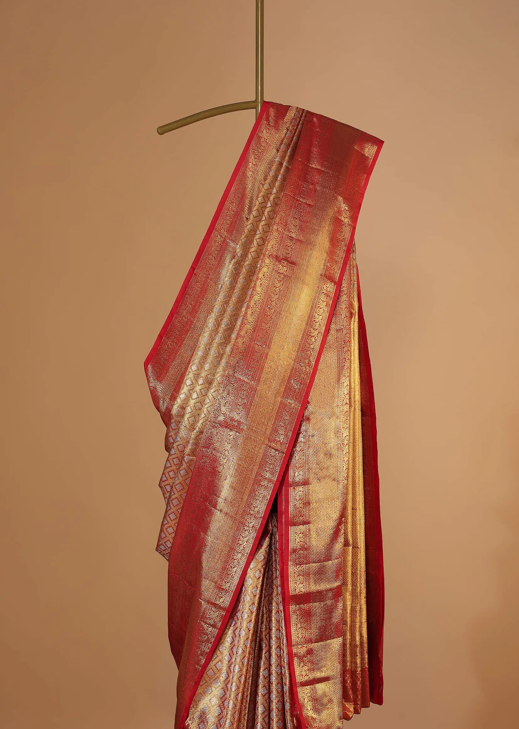 Fiery Red Gold-Toned Kanjivaram Saree In Tissue Silk With 14GM Real Zari Weave And Unstitched Blouse