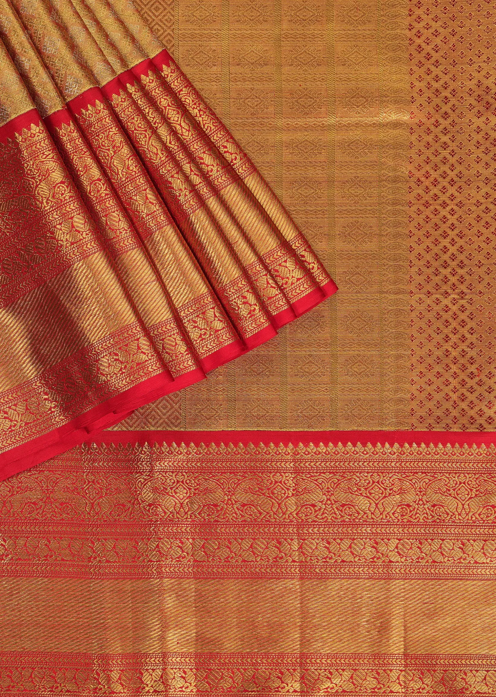 Fiery Red Gold-Toned Kanjivaram Saree In Tissue Silk With 14GM Real Zari Weave And Unstitched Blouse