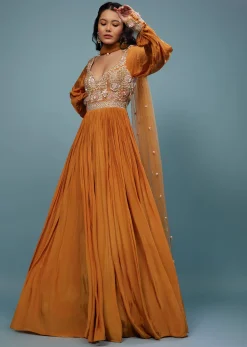 Fire Orange Embroidered Anarkali Suit In Crepe