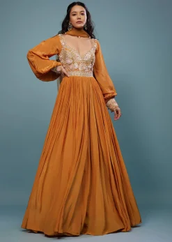 Fire Orange Embroidered Anarkali Suit In Crepe