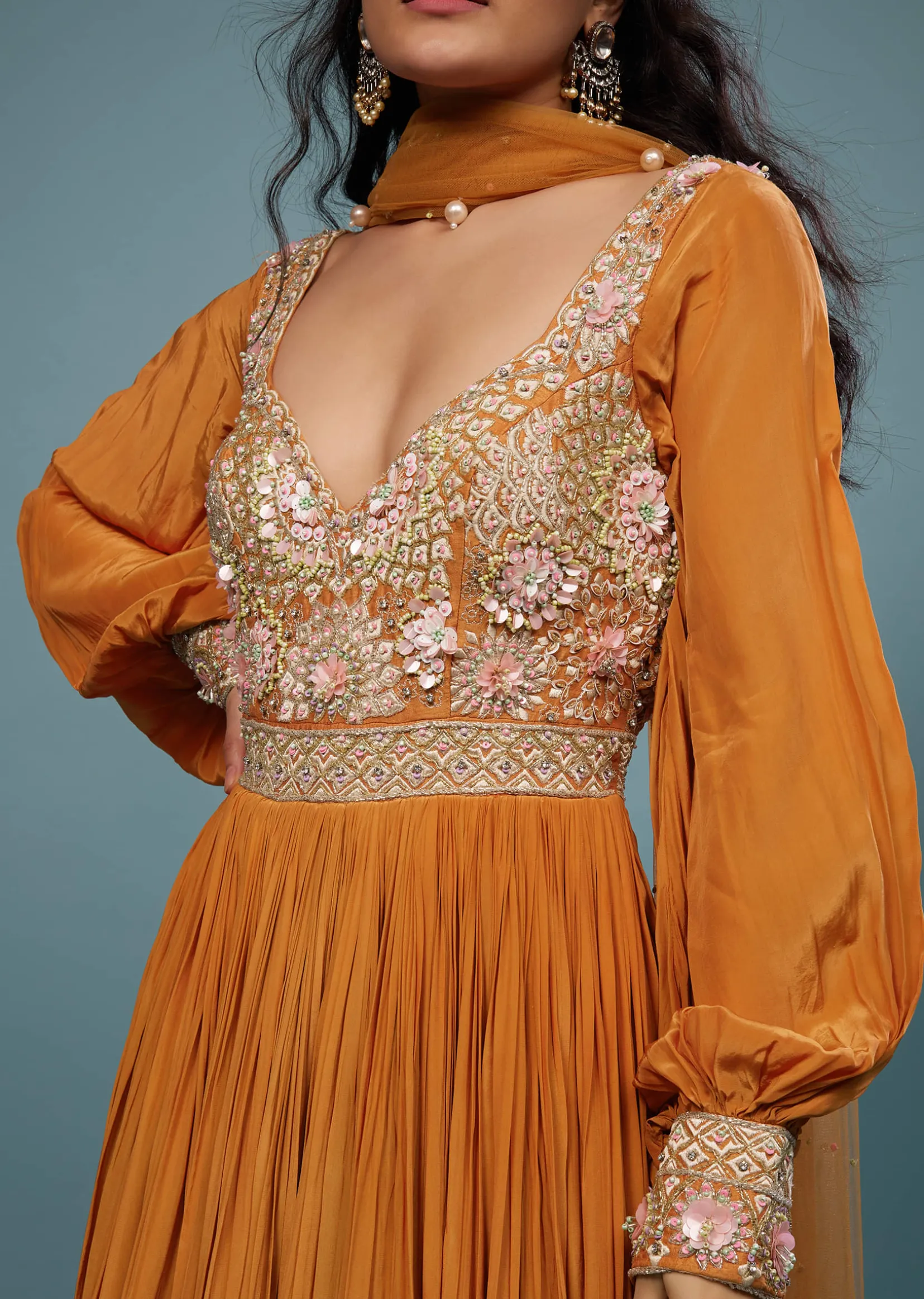 Fire Orange Embroidered Anarkali Suit In Crepe