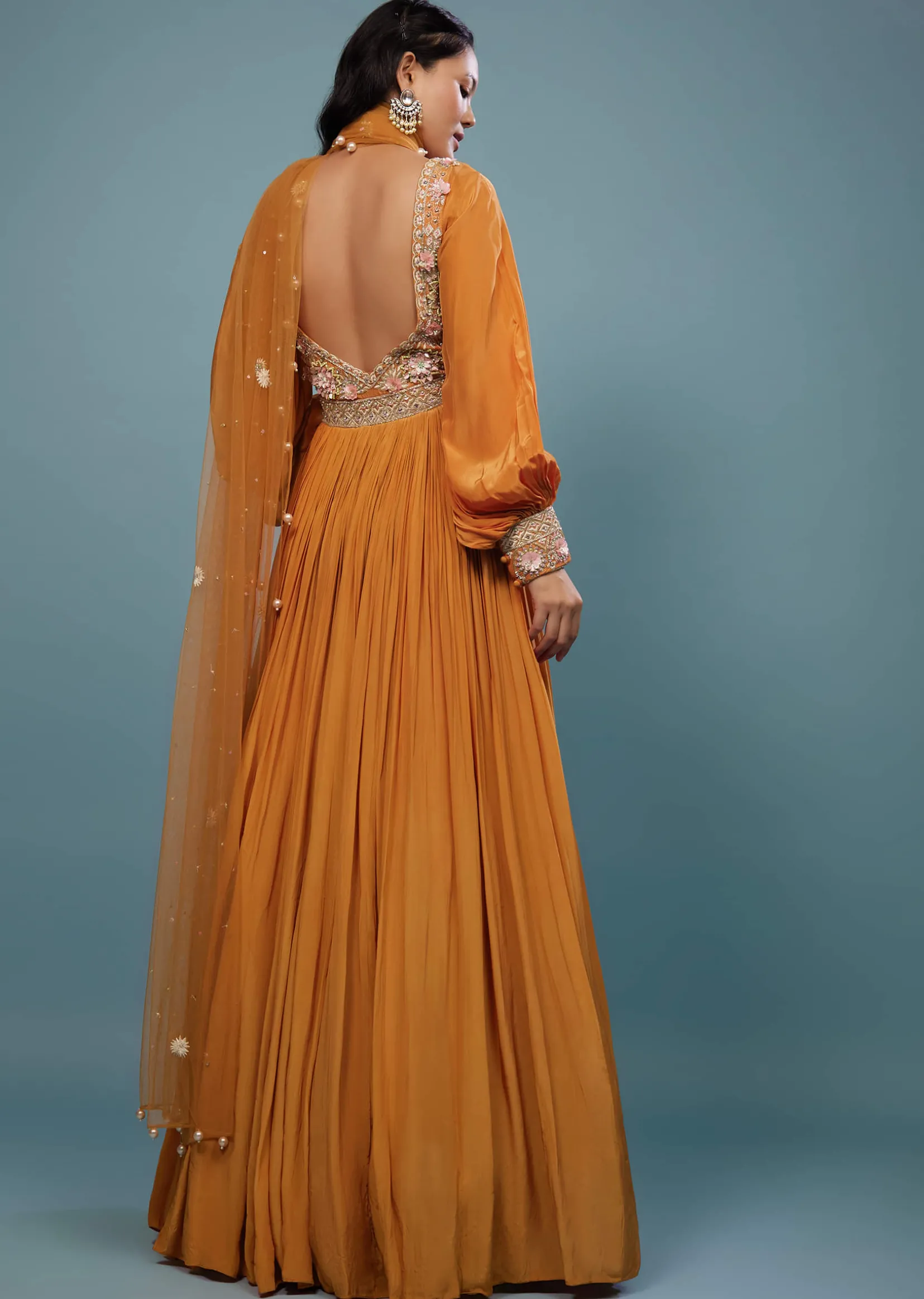 Fire Orange Embroidered Anarkali Suit In Crepe