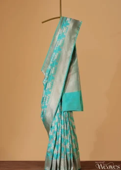 Firozi Blue Handloom Banarasi Saree In Uppada Silk With Gold Woven Meenakari Buttis And Unstitched Blouse