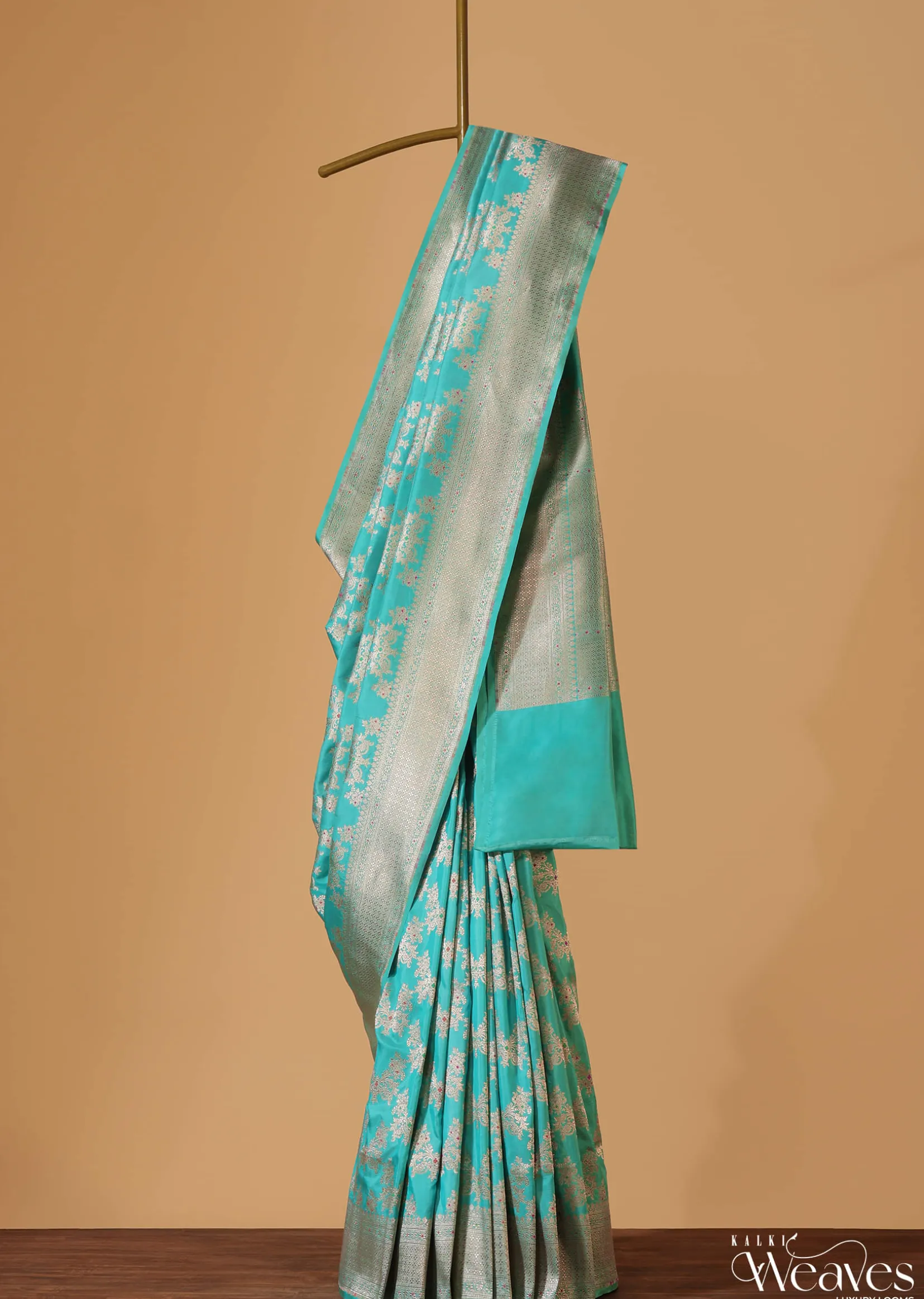 Firozi Blue Handloom Banarasi Saree In Uppada Silk With Gold Woven Meenakari Buttis And Unstitched Blouse