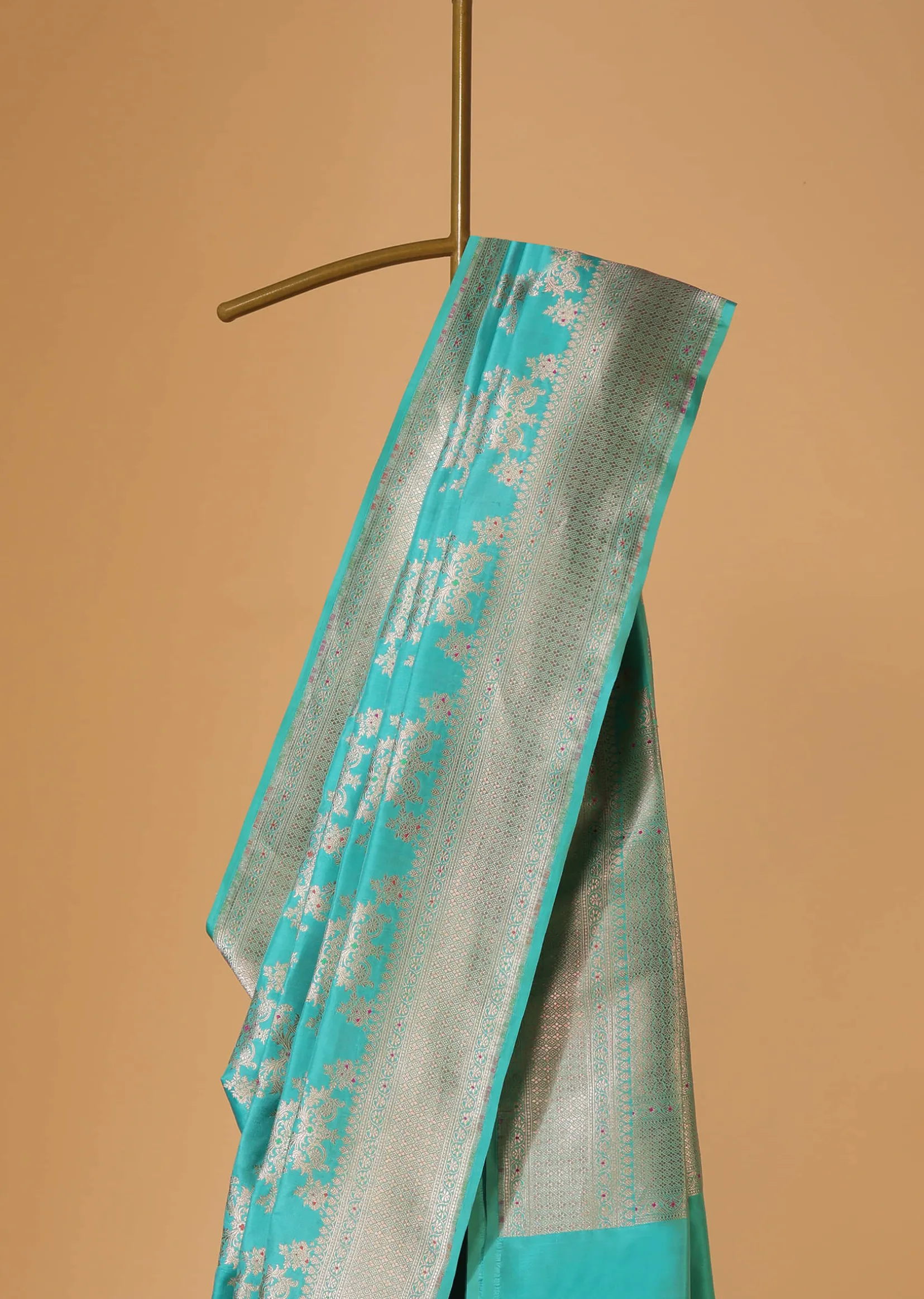 Firozi Blue Handloom Banarasi Saree In Uppada Silk With Gold Woven Meenakari Buttis And Unstitched Blouse