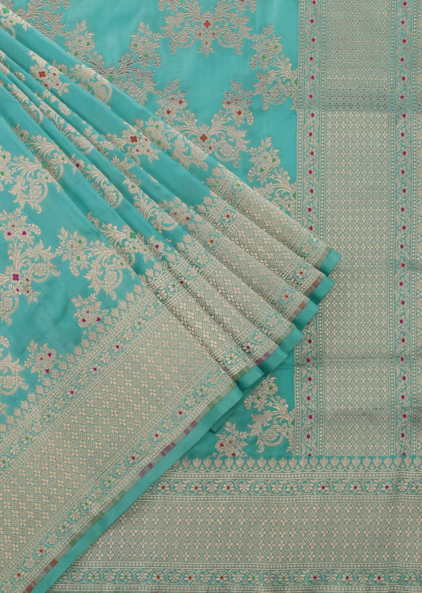 Firozi Blue Handloom Banarasi Saree In Uppada Silk With Gold Woven Meenakari Buttis And Unstitched Blouse