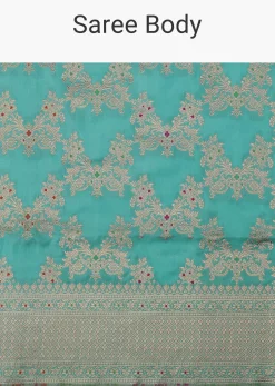 Firozi Blue Handloom Banarasi Saree In Uppada Silk With Gold Woven Meenakari Buttis And Unstitched Blouse