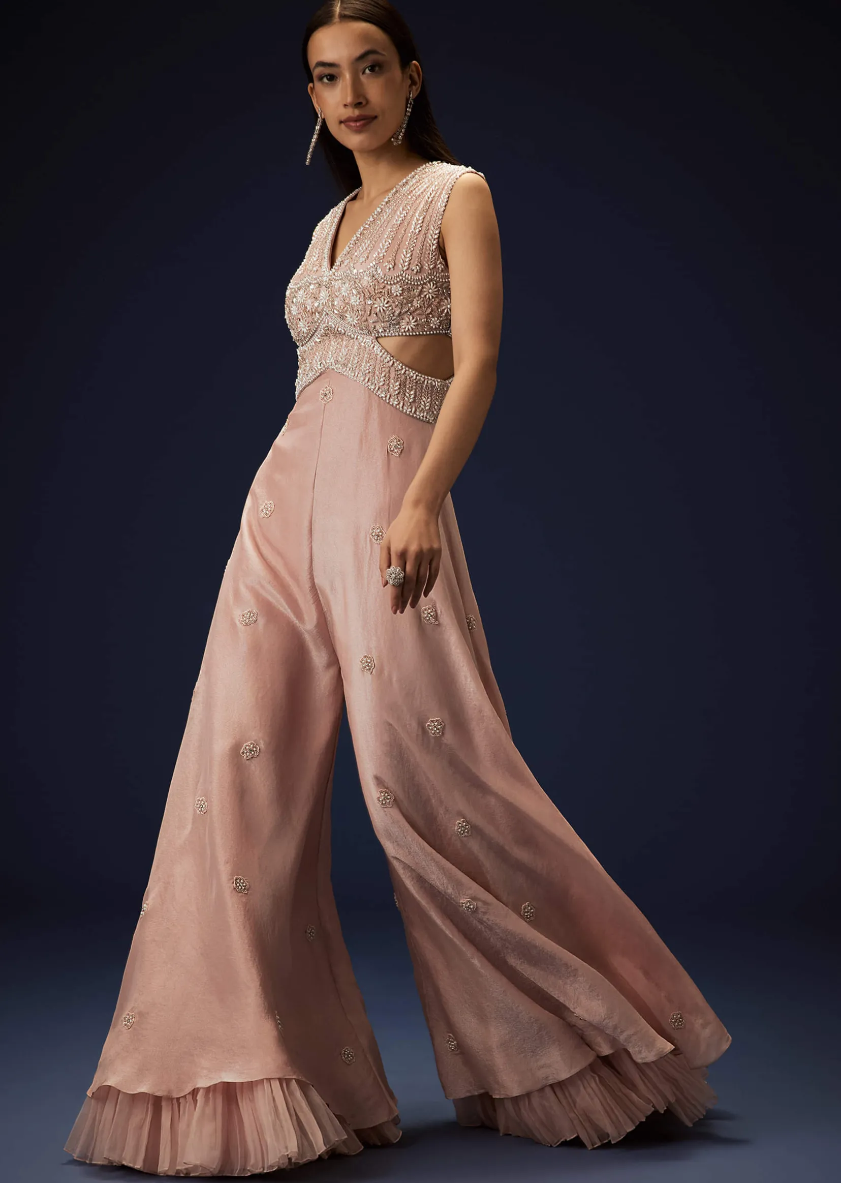 Flaming Peach Hand Embroidered Double Layer Jumpsuit