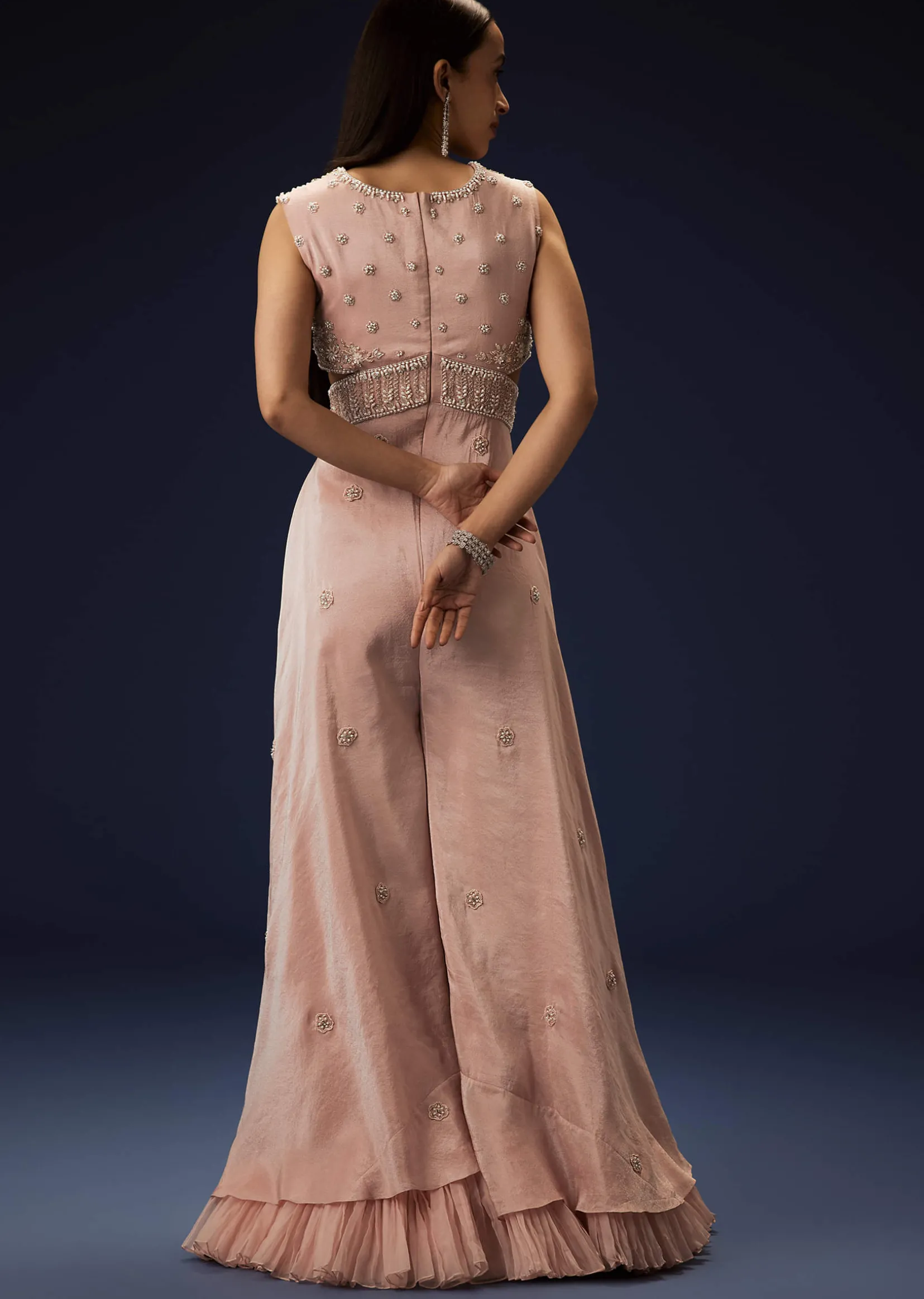 Flaming Peach Hand Embroidered Double Layer Jumpsuit