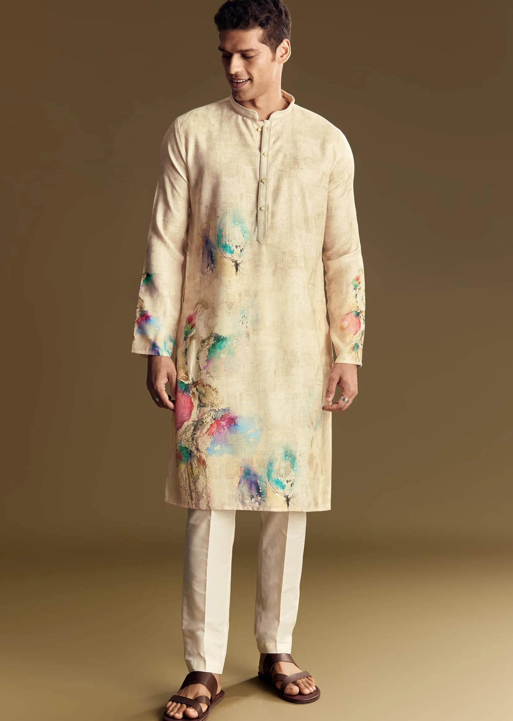 Floral Beige Linen Kurta Set