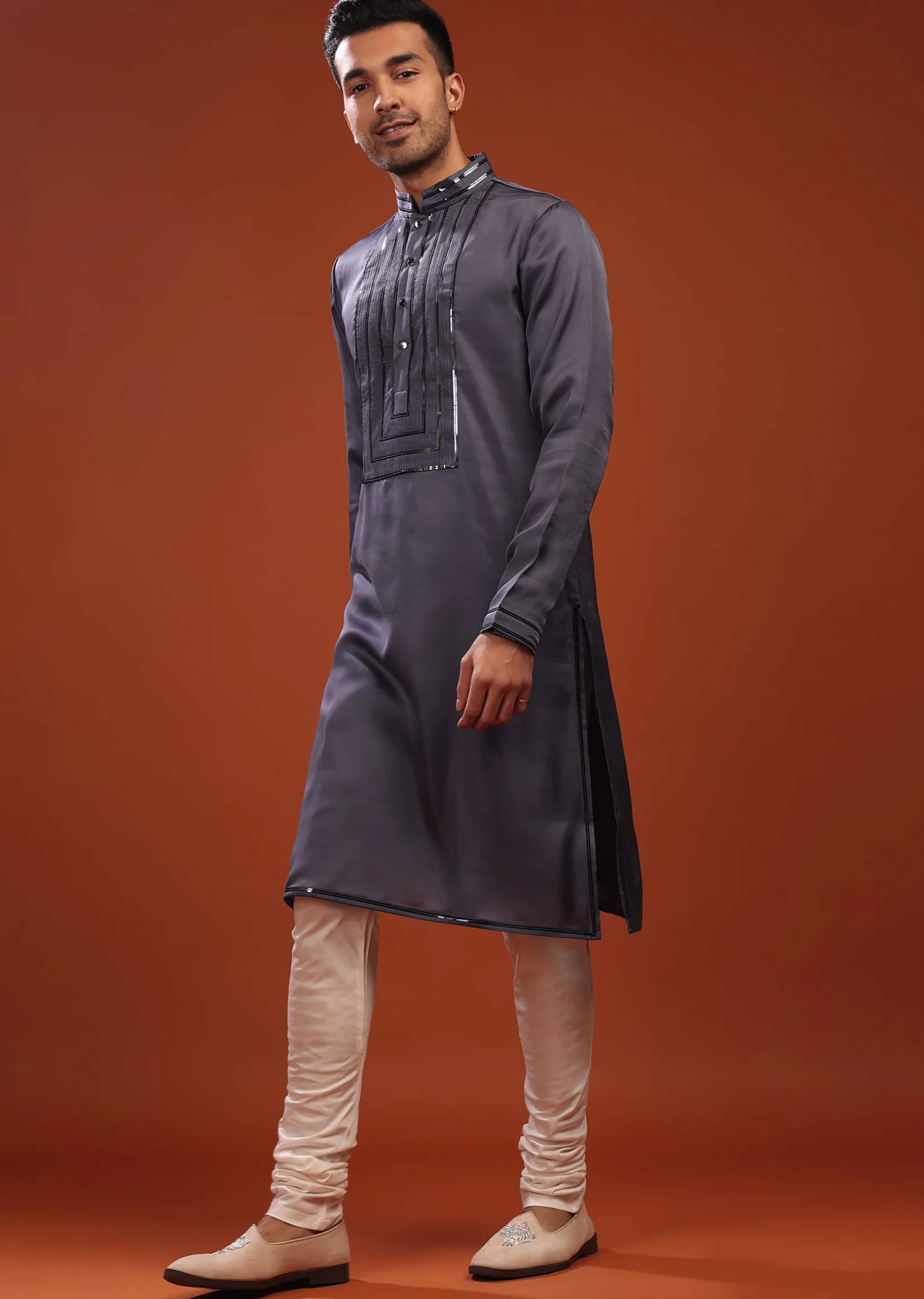Fog Grey Festive Kurta In Mini Silk With A Cocktail Look