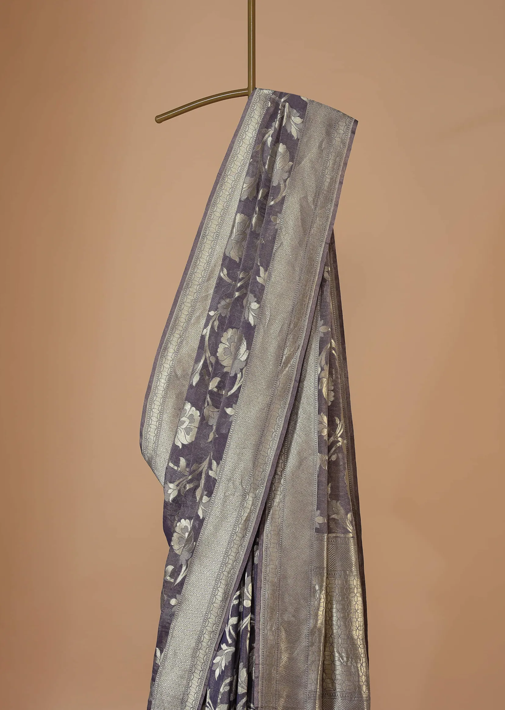 Fog Grey Saree In Tissue Georgette With Banarasi Zari Weave And An Unstitched Blouse