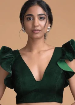 Forest Green Blouse In Velvet With Trapeze Neck And Ruffle Sleeves