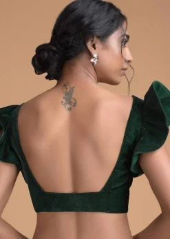 Forest Green Blouse In Velvet With Trapeze Neck And Ruffle Sleeves