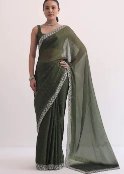 Forest Green Jacquard Saree In Cutdana Embroidery With Unstitched Blouse