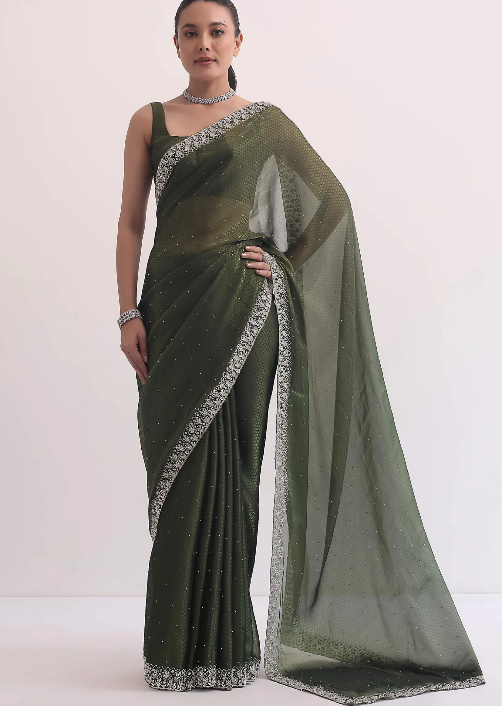 Forest Green Jacquard Saree In Cutdana Embroidery With Unstitched Blouse