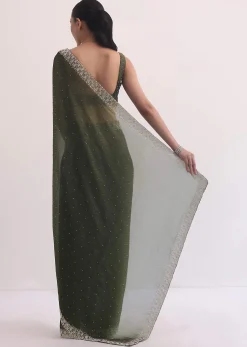 Forest Green Jacquard Saree In Cutdana Embroidery With Unstitched Blouse