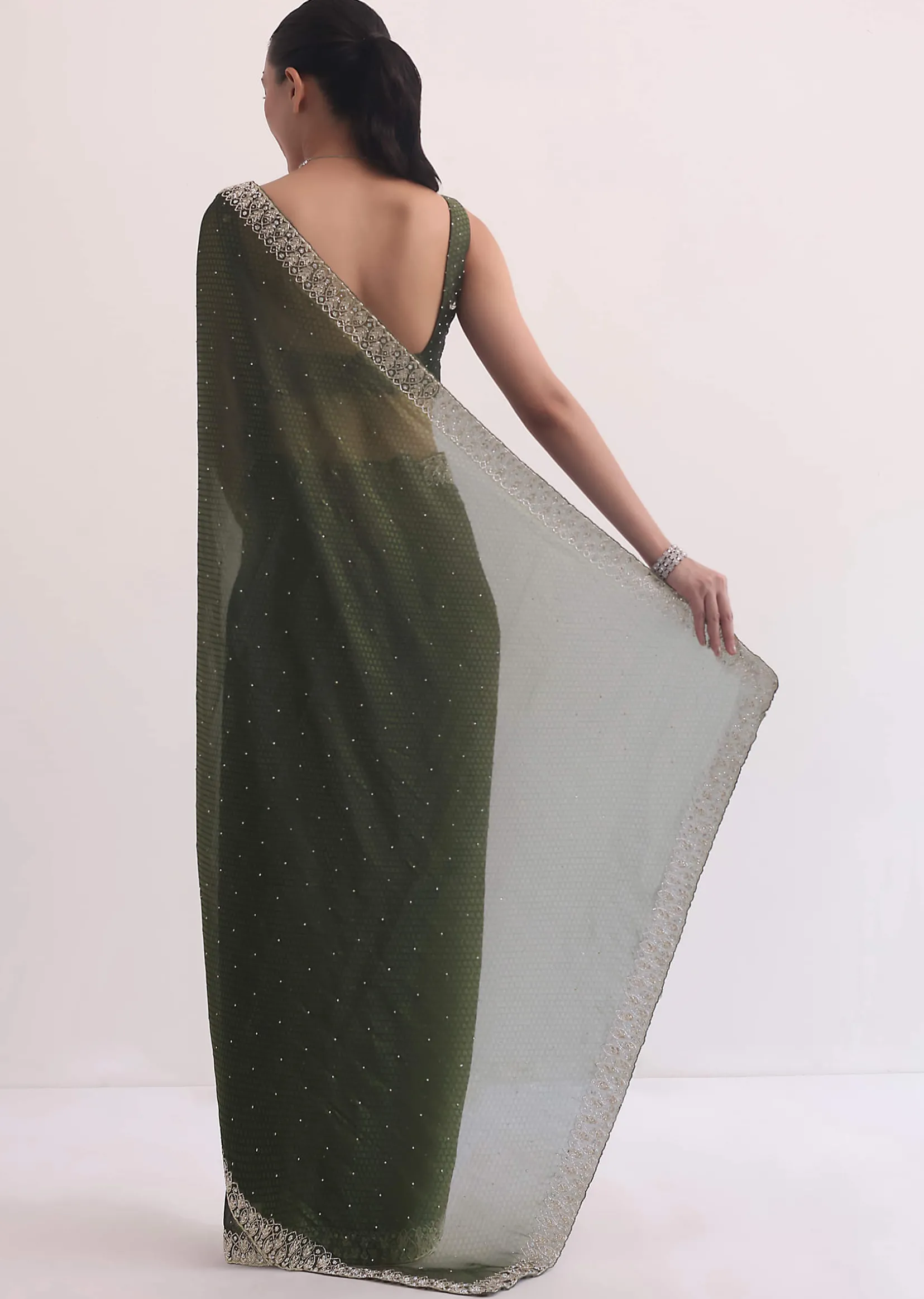 Forest Green Jacquard Saree In Cutdana Embroidery With Unstitched Blouse