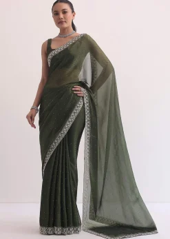 Forest Green Jacquard Saree In Cutdana Embroidery With Unstitched Blouse