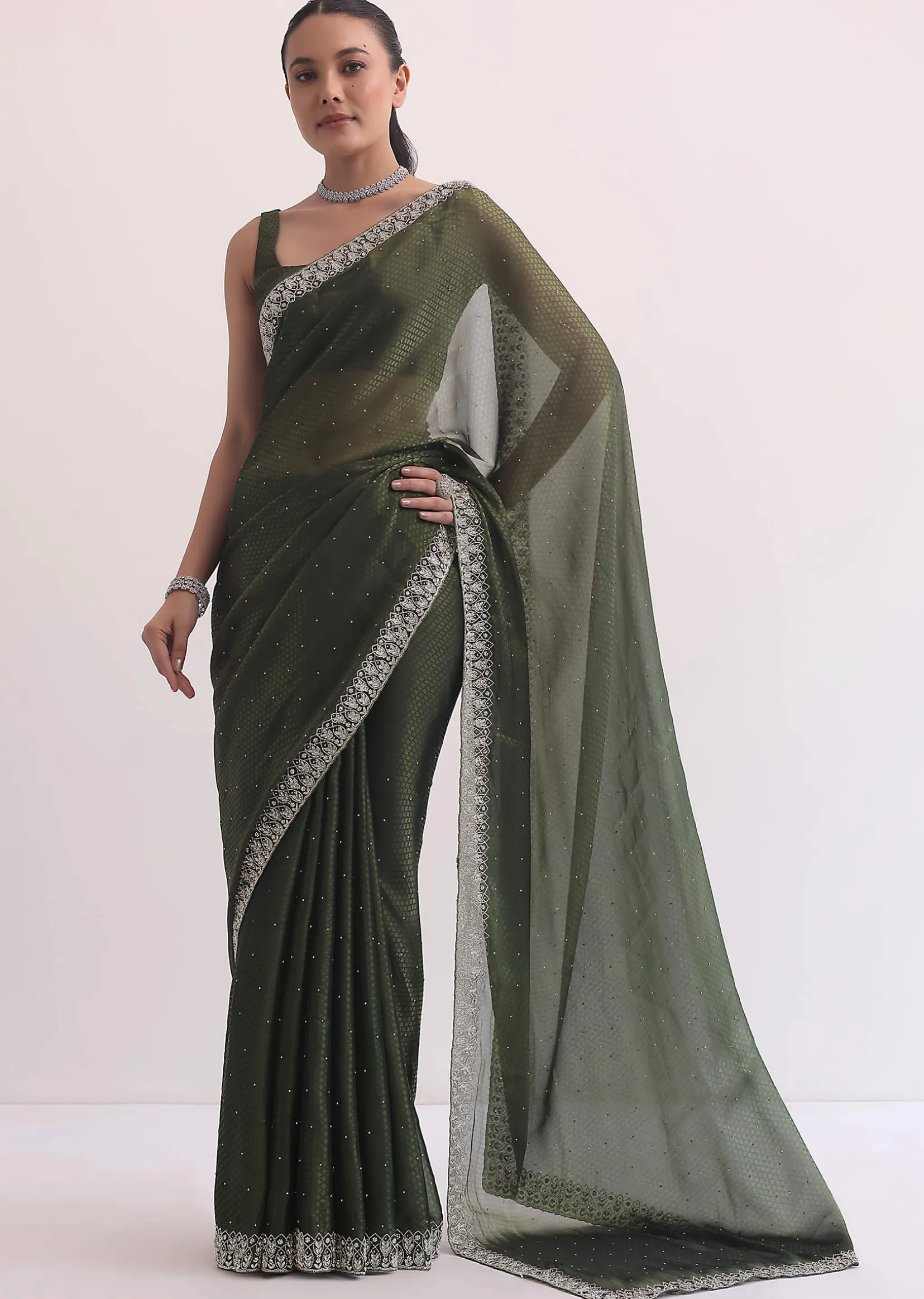 Forest Green Jacquard Saree In Cutdana Embroidery With Unstitched Blouse