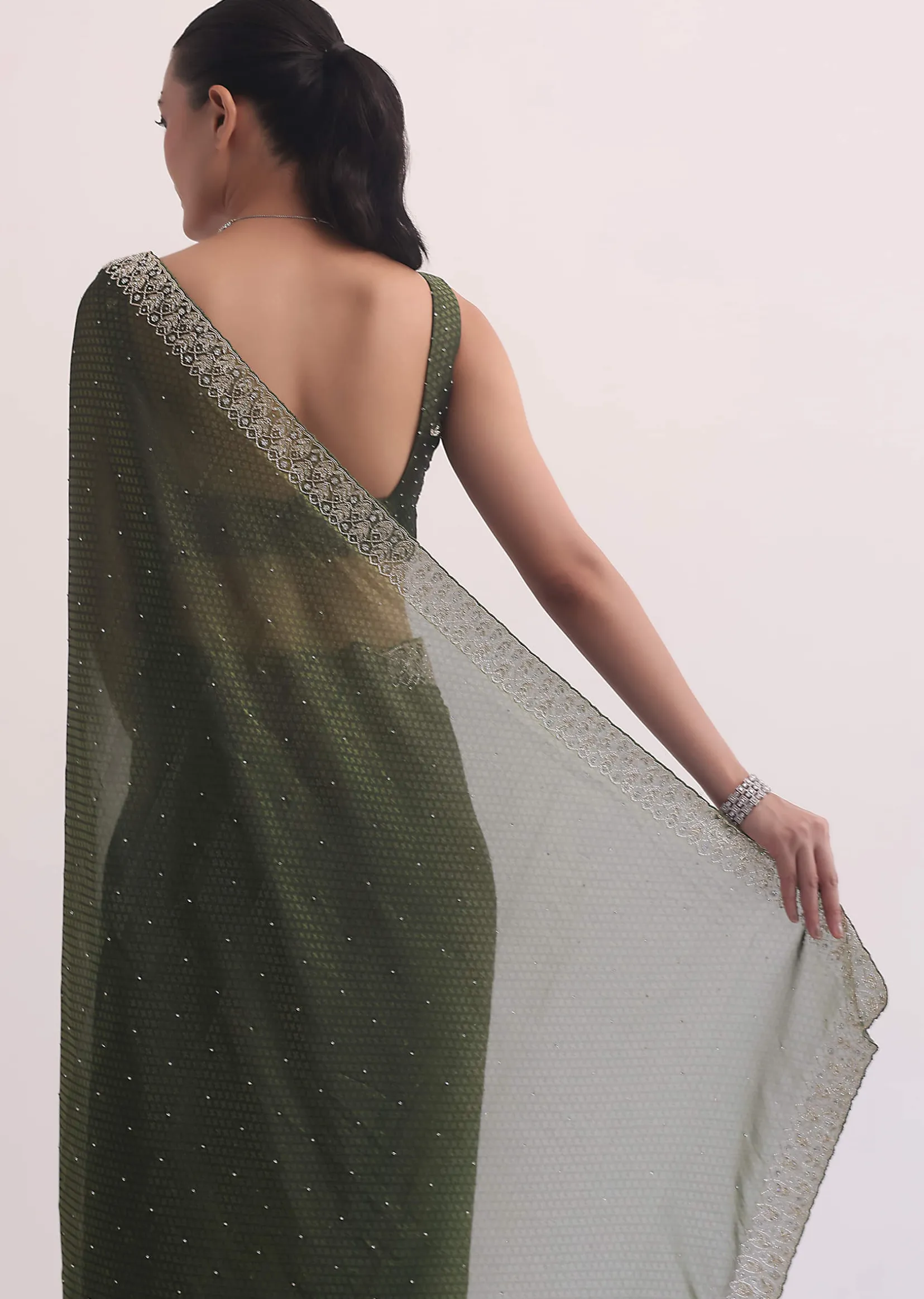 Forest Green Jacquard Saree In Cutdana Embroidery With Unstitched Blouse