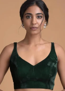 Forest Green Sleeveless Blouse With Sweetheart Neckline